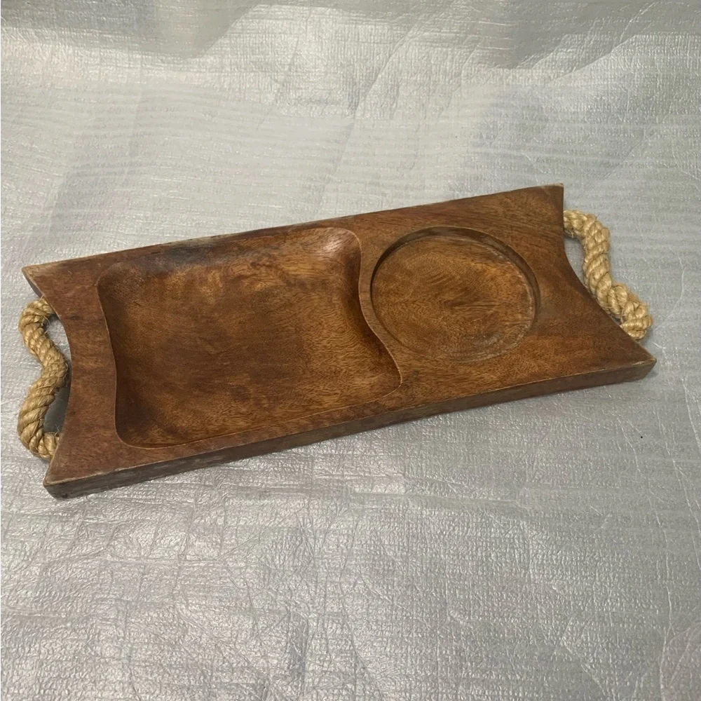 Vintage Wooden Snack Serving Tray w Rope Handles Dip Bowl Compartment Rustic MCM
